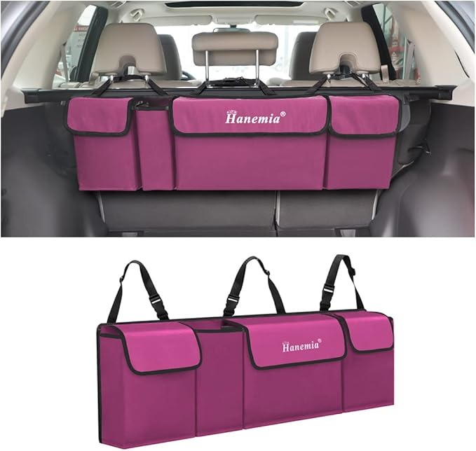 Hanemia Car Trunk Organizer, Backseat Hanging Storage with 4 Large Pockets, Collapsible Cargo Bag with Adjustable Straps