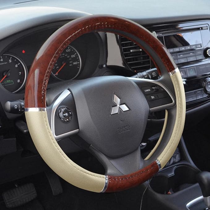 BDK Dark Wood Grain Car Steering Wheel Cover, Standard 15 inch with Beige Faux Leather Grip, Made to Fit Most Auto Truck Van 