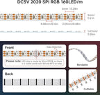 WS2812B RGB LED Strip 16.4ft 5V Individually Addressable 5mm Ultra Thin 2020SMD Dream Color Smart RGB 160LEDs/m 800ICs Flexible Tape Light for Car TV Backlighting (No Power/Controller)