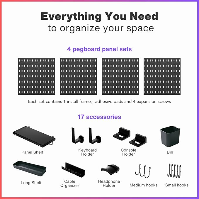Keepo Peg Board Wall Organizer for Gaming Setup, Pegboard with Adhesives & Screw Mounts, Includes Peg Board Accessories for G