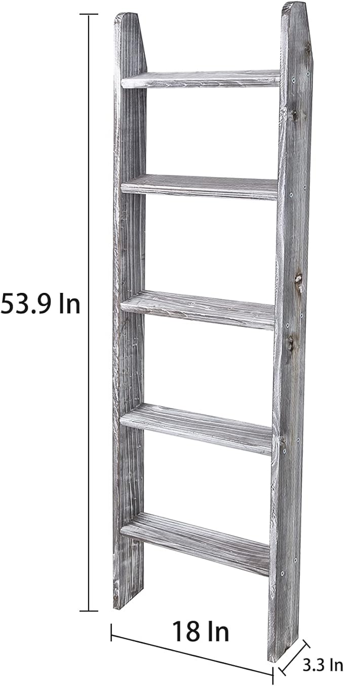 Rustic 5-Tier Wall-Leaning Wood Loadder Towel Racks for Bathroom Livingroom Kithen Office Woden Farmhouse Ladder-Style Blanke