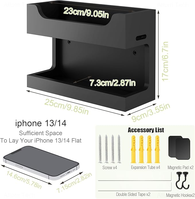 NiHome Wall Mounted Wooden Bedside Accessories Organizer, Double Tray Bedside Storage Shelf Rack with Magnetic Hooks, Bedroom