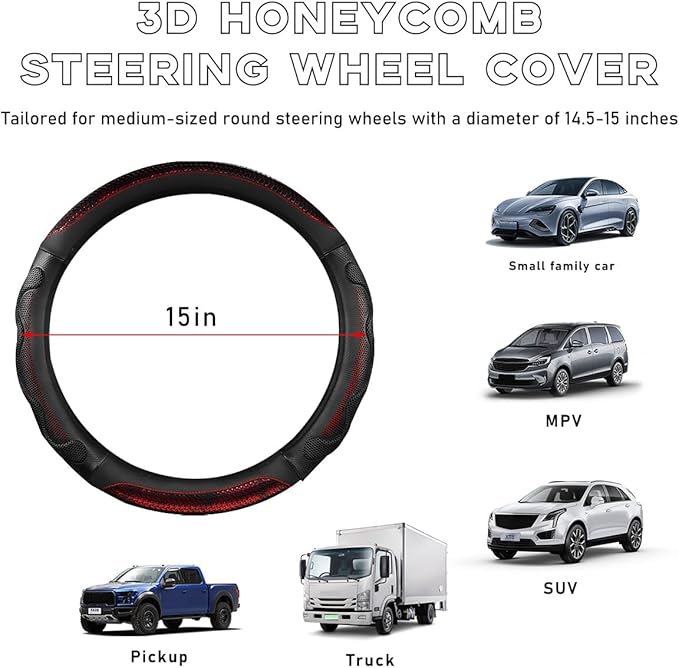 Yourkar Car Steering Wheel Cover, 15 Inch Leather Round Comfy Grip Steering Wheel Protector, Anti-Slip Steering Wheel Cover w