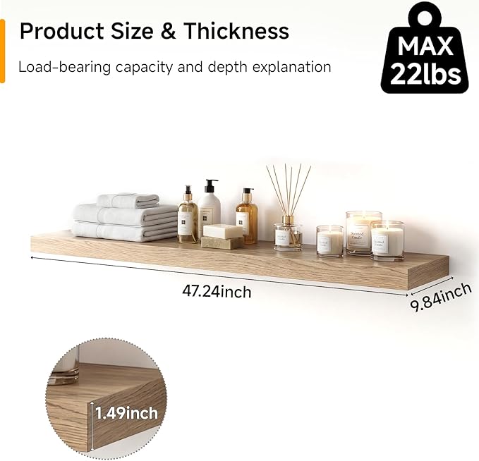 INHABIT UNION 47in Floating Shelves for Wall, Wall Mounted Shelves for Decor Storage Set of 2, Floating Shelf for Bedroom, Ba