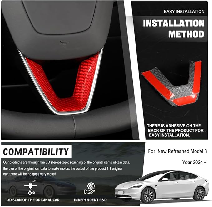 JSWAN Carbon Fiber Steering Wheel Panel Cover Fit for Tesla Refreshed Model 3 Highland Performance (2024+) Model Y Juniper (2025+) Steering Wheel Frame Trim Cover (Red Twill Weave)