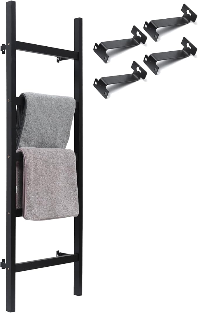 FUIN 57in Wall Mounted Wooden Blanket Ladder Living Room Decorative Farmhouse Quilt Display Holder Rustic Wood Towel Rack for