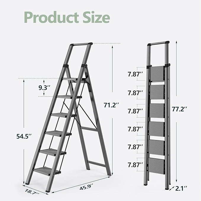WOA WOA 6 Step Ladder for 12 Feet High Ceiling, Lightweight Foldable Ladder with Non-Slip Wide Pedals, Stepladder with Safe H