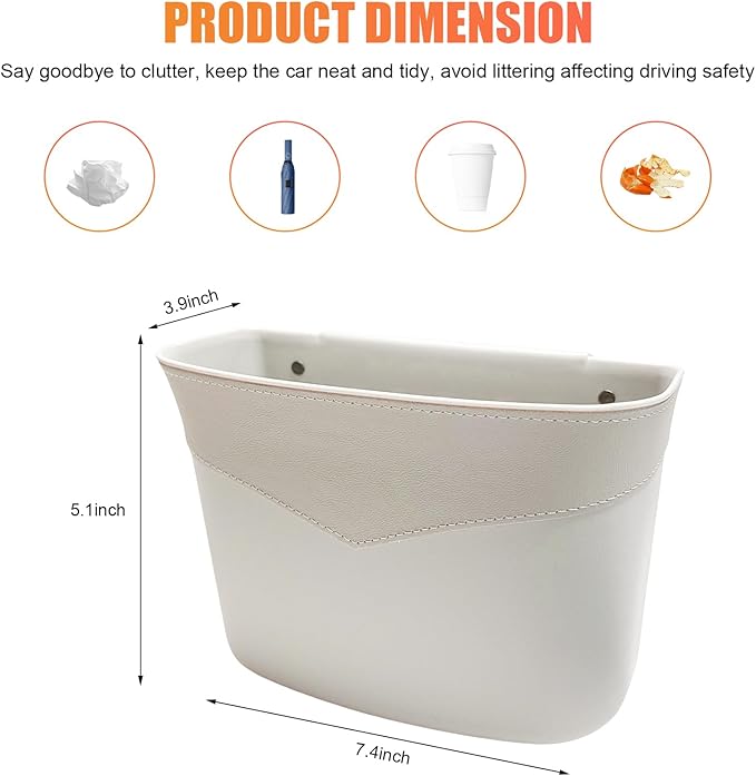 Car Trash Can, Mini Auto Garbage Bin Multipurpose Storage Container with Slot Clip, Waterproof Leather Small Dustbin Interior Accessories for Vehicle Door Front Back Seat (White)