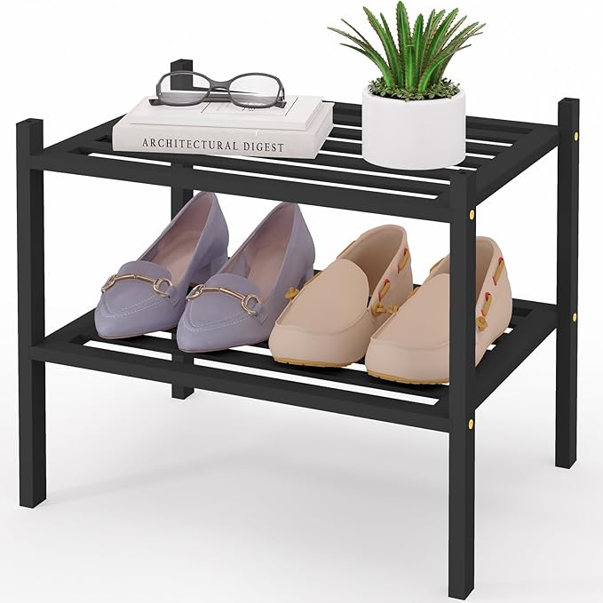 Smiry Small Bamboo Shoe Rack 2-Tier, Stackable Wooden Shoe Organizer for Entryway & Closet, Free Standing Wood Shoe Storage S