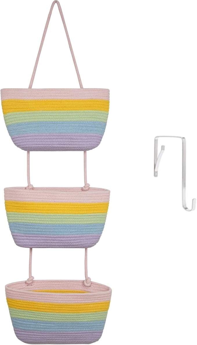 TeoKJ Over the Door Hanging Basket, 3-Tier Woven Cotton Wall-Mounted Storage Organizer Bag Decorative Hanging Nursery Baskets