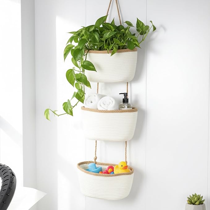 TeoKJ Over the Door Hanging Basket, 3-Tier Woven Cotton Wall-Mounted Storage Organizer Bag Decorative Hanging Nursery Baskets