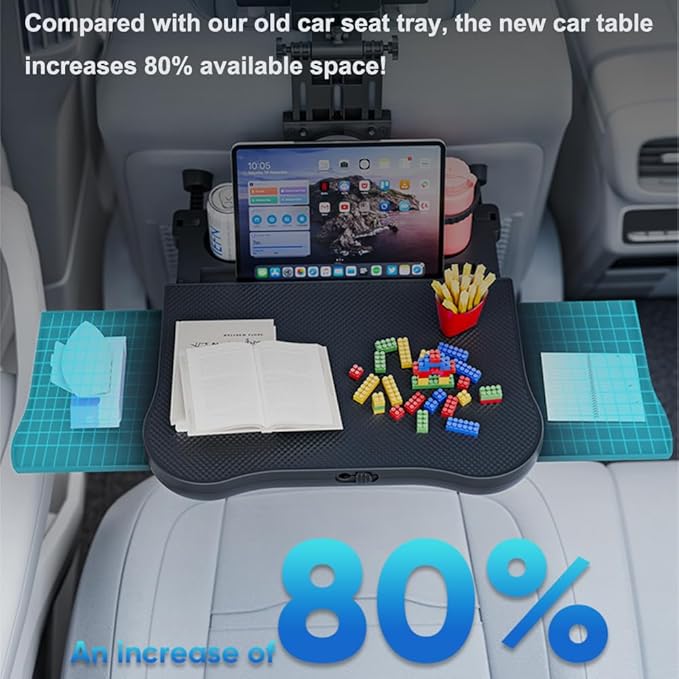 Car Back Seat Tray with Extendable Table, Car Desk for Laptop with Phone Holder, Foldable Trays for Eating & Working, Car Travel Tray Table for Rear Passenger