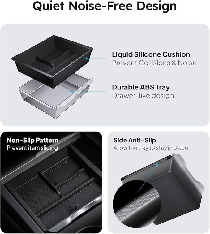 Wigoo Center Console Organizer for Tesla Model Y Juniper (Only Premium & Performance 2025 2026) and All Model 3 Highland Accessories [Double-Layer Storage, Smooth Sliding] 4PCS Black