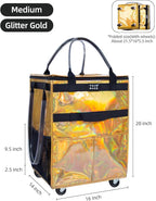 Reusable Grocery Bag On Wheels (Medium, Glitter Gold), Shopping Trolley, Rolling Tote with 8 Pockets and Zipper Cover, Foldable, Heavy Duty Handles, Carries Up to 66 LBS