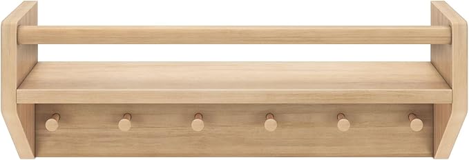 Max & Lily Wall Shelf with Pegs, 24 Inch Floating Bookshelf for Kids Room, Solid Wood Wall-Mounted Storage Shelf with Hooks f