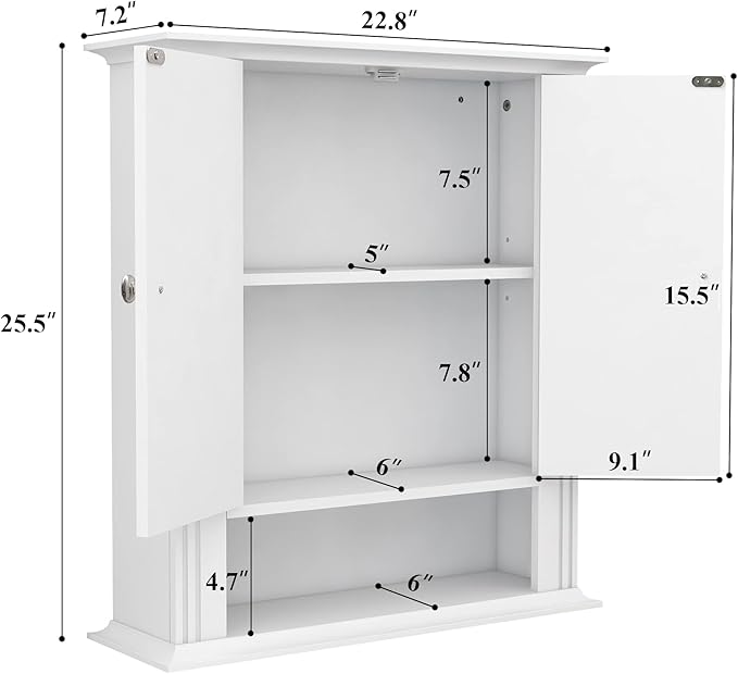White Bathroom Wall Cabinet, Over the Toilet Storage Cabinet, Bathroom Cabinet Wall Mount, 2 Doors & Hooks, Medicine Cabinet 