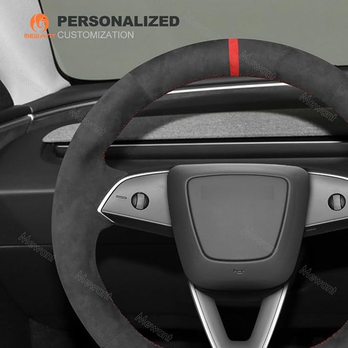 MEWANT Hand Stitched Matte Carbon Fiber&PU Leather Steering Wheel Cover Wrap for Tesla Model 3 Highland 2023 2024 2025 Steering Wheel Accessories