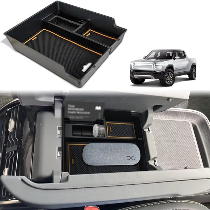 BestEvMod for Rivian R1T & R1S Accessories Center Console Organizer Tray Armrest Storage Box ABS Material with PVC Trim Compatible with Rivian R1T/R1S 2022 2023 2024 2025 2026 Accessories(V2 Yellow)