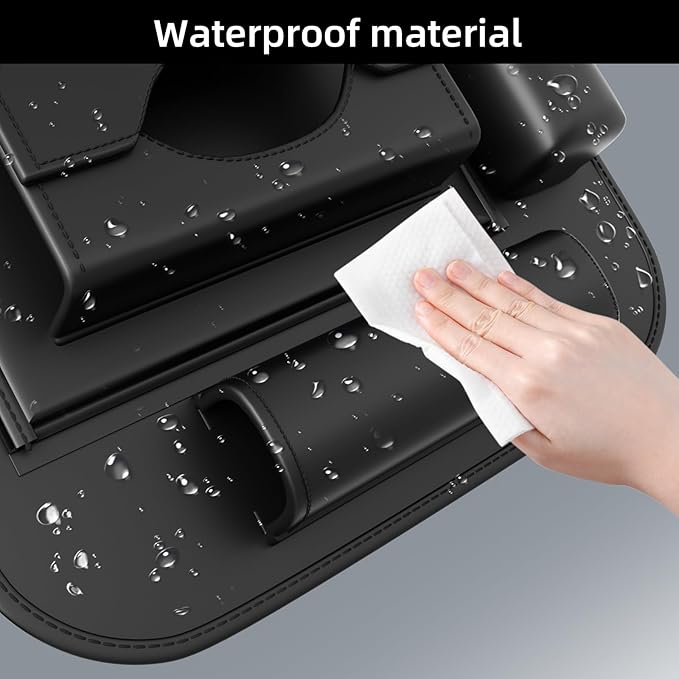 2 Pack Universal Premium Leather Foldable Car Backseat Organizer with Table Tray, Car Seat Back Protector with Garbage Bag Touch Screen Pad Holder, Car Kick Mats with Tissue Box (Black)