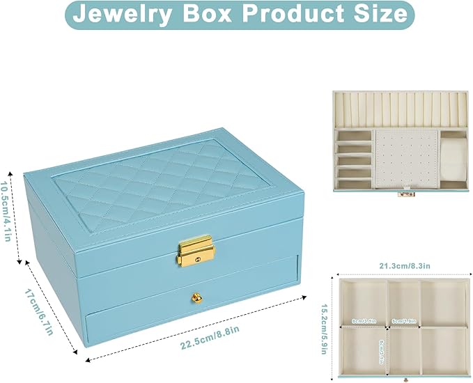 2-Layer Jewelry Box for Women, Jewelry Organizers and Storage with Removable Jewelry Tray, Vintage Quilted Top Lockable Jewel