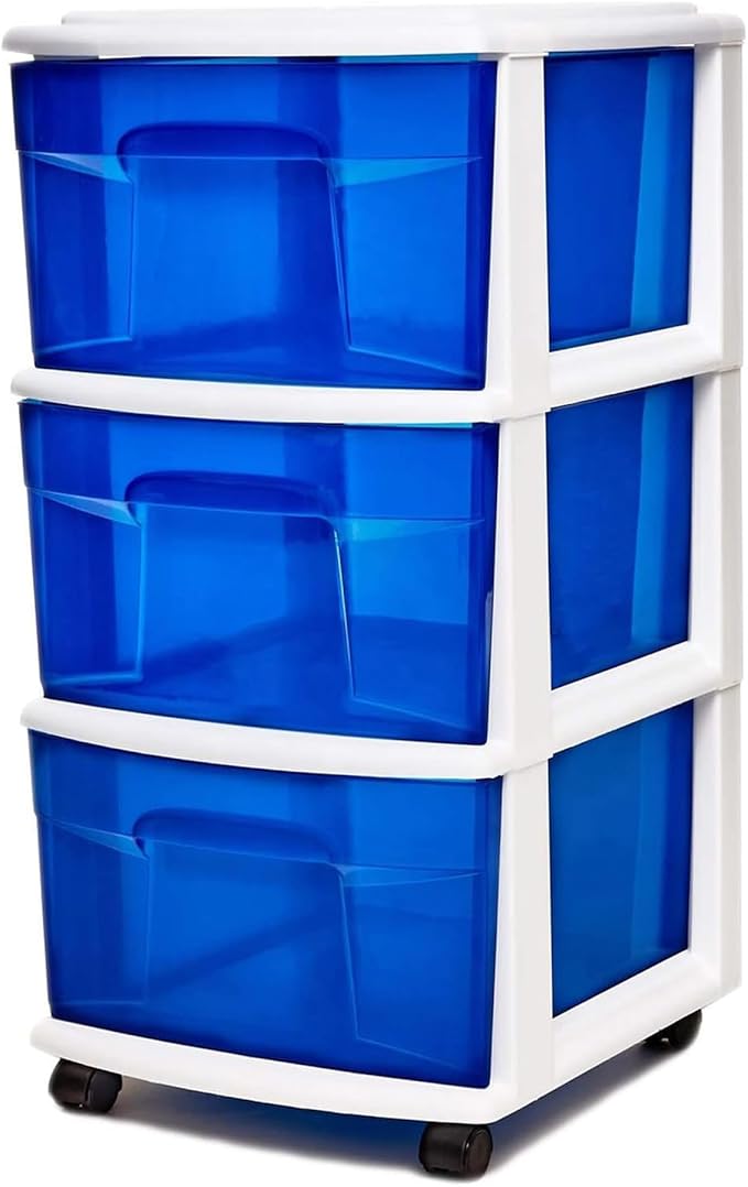HOMZ Drawer Tower, 3-Tier Clear Blue Plastic Storage Organizer Cart, White Frame - Rolling Drawer Containers with Wheels for 