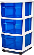 HOMZ Drawer Tower, 3-Tier Clear Blue Plastic Storage Organizer Cart, White Frame - Rolling Drawer Containers with Wheels for 
