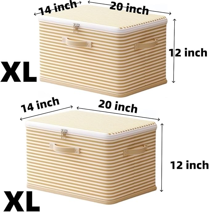 Foldable Storage Containers, Beige Striped Fabric Boxes with Lids, Stackable Closet Organizer Bins for Bedroom, Clothing Stor