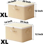 Foldable Storage Containers, Beige Striped Fabric Boxes with Lids, Stackable Closet Organizer Bins for Bedroom, Clothing Stor