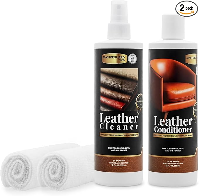 MASTERGUARD Leather Care Pack – Water-Based, Non-Toxic Cleaner & Conditioner with 2 Microfiber Cloths – Cleans, Conditions & 