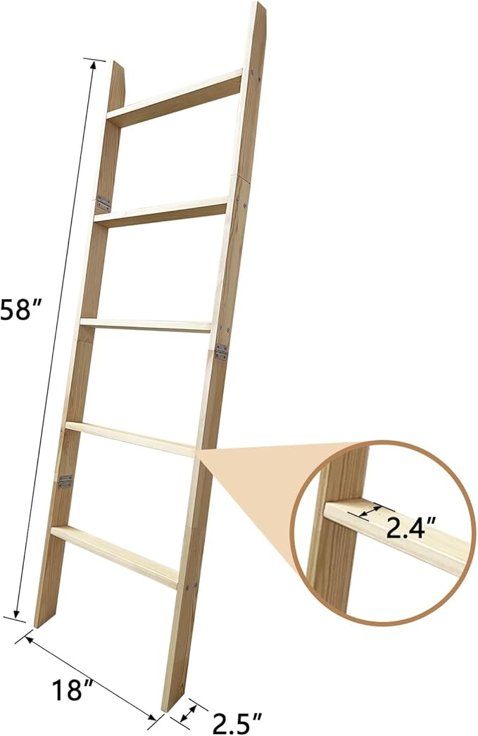 5-Tier Blanket Ladder – 4.8 Ft Wall Leaning Quilt Rack, Farmhouse Blanket Storage for Living Room, Bedroom & Bathroom – Rusti