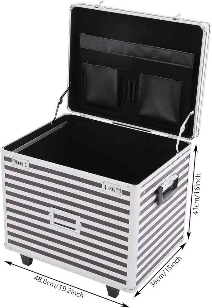 Locking File Box Aluminum Alloy Portable Storage Case with Telescopic Handle Mobile File Organizer with Combination Lock Roll