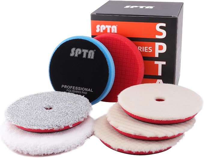 Buffing Polishing Pads, SPTA 7Pc 5.5 Inch Face for 5Inch 125mm Backing Plate Compound Buffing Sponge Pads Cutting Polishing Pad Kit for Car Buffer Polisher Compounding, Polishing and Waxing -A1094MIX