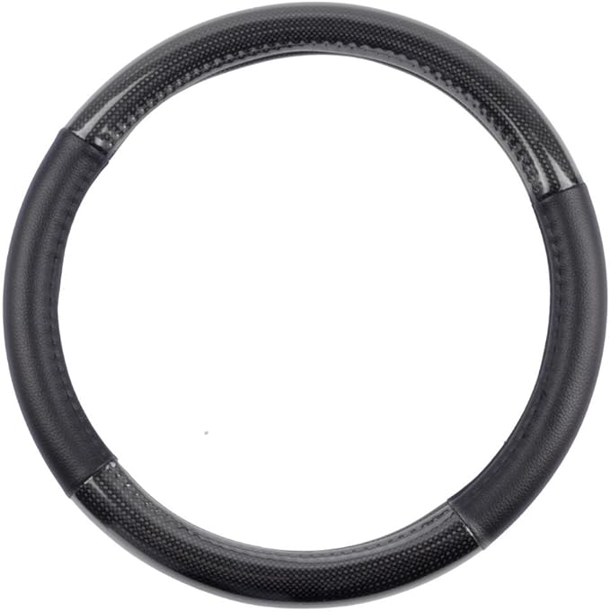 BDK Carbon Fiber Steering Wheel Cover White Vinyl with Fiber Accent - Black Carbon, 14.5-15 inch