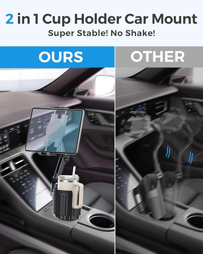 Profortop 2-in-1 Cup Holder Tablet Mount Expander, 2-Section Foldable 15" Height Adjustable Arm & 360° Rotation, Universal Fit for iPad, iPhone, All Smartphones and Most Bottles for Car SUV Truck