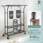 CAPHAUS 840LBS Capacity Heavy Duty Clothes Rack with Double Rods, Rolling Clothing Rack with 2 Shelves, Extendable Rods, Blac