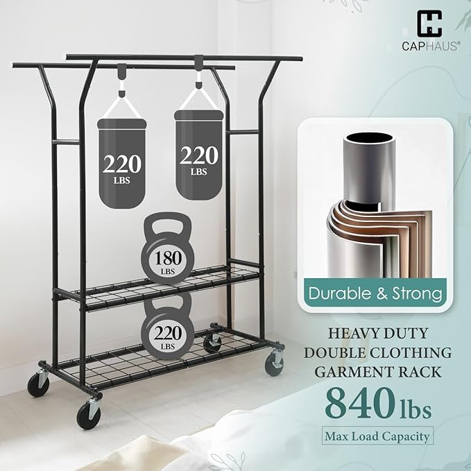 CAPHAUS 840LBS Capacity Heavy Duty Clothes Rack with Double Rods, Rolling Clothing Rack with 2 Shelves, Extendable Rods, Blac