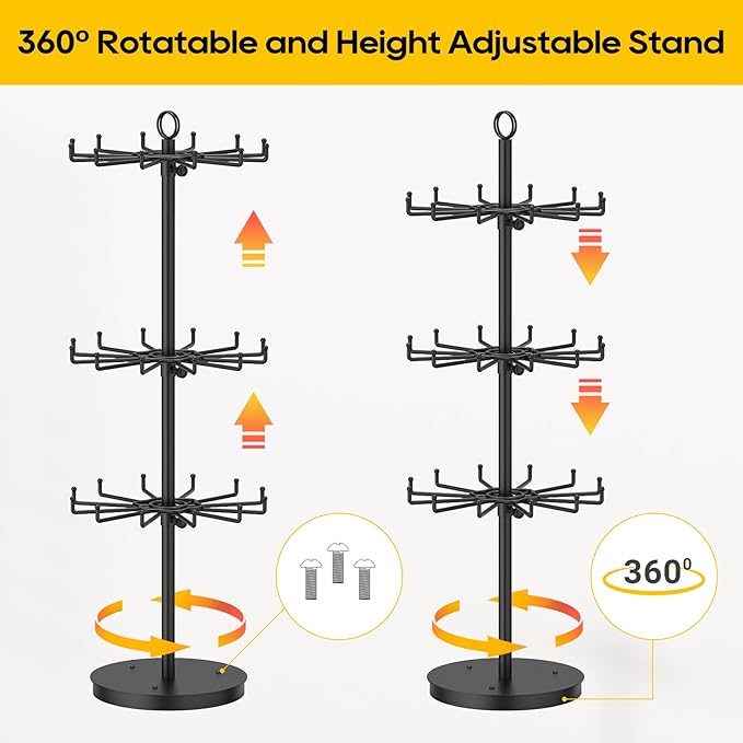 ORLESS 3 Tier Rotating Jewelry Display Stand, Keychain Display Stand with 36 Hooks, Black Metal Retail Display Spinning Holde