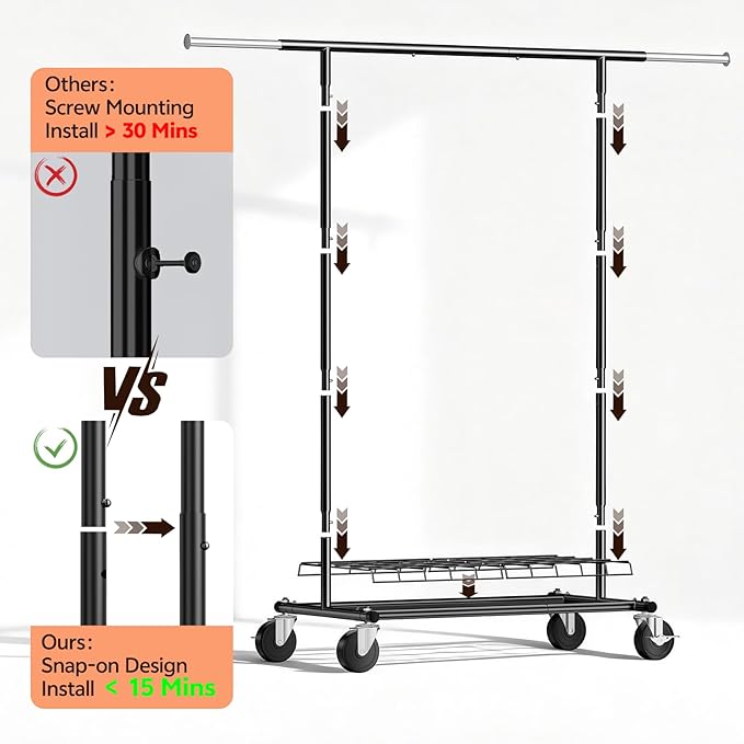 Heavy Duty Clothes Rack - Load 500 LBS, Rolling Clothing Rack for Hanging Clothes with Lockable Wheels & & Shelves, Extendabl