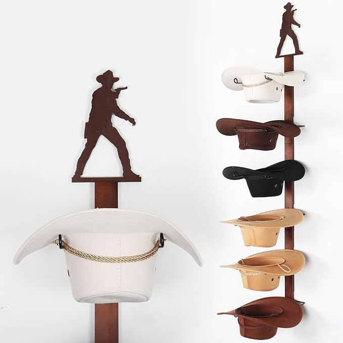 Cowboy Hat Rack Holder for Wall - Wild Western Style Design Hat Organizer with 6 Hat Hooks for Wall Mount, Hat Stand and Hang