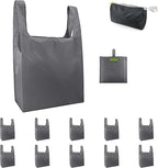 BeeGreen Grey Reusable Grocery Bags with Zipper Storage Pouch 10 Packs Gray Reusable Shopping Bags Bulk Foldable-Machine Washable