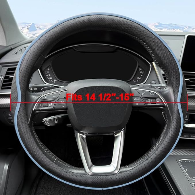 HAOTULE Leather Steering Wheel Cover， with Anti-Slip Stripe Design - Enhanced Grip, Fashion Style, Safe, Non-Slip, Breathable
