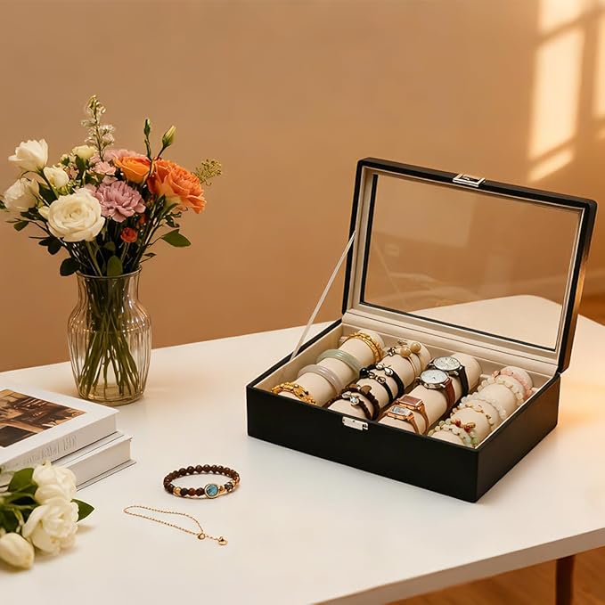 Bracelets Organizer Rods Bangles Display Holder, Clear See through Lid Leather Velvet Jewelry Storage Box Case for Women, 4 R