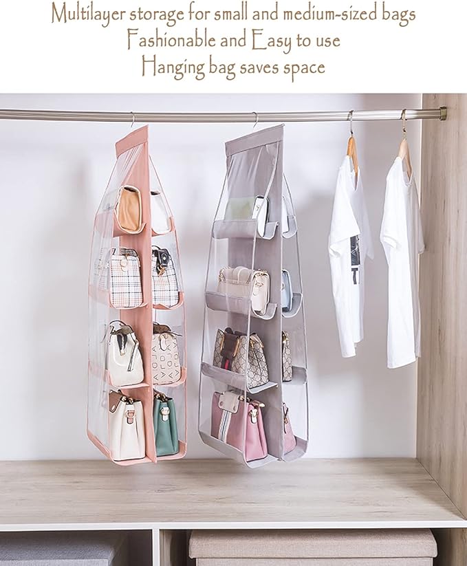 MURRI&MURRDI 2 Packs Hanging Handbag Organizer for Closet, Purse Storage Holder with 8 Easy Access Clear PVC Pockets, Womens 