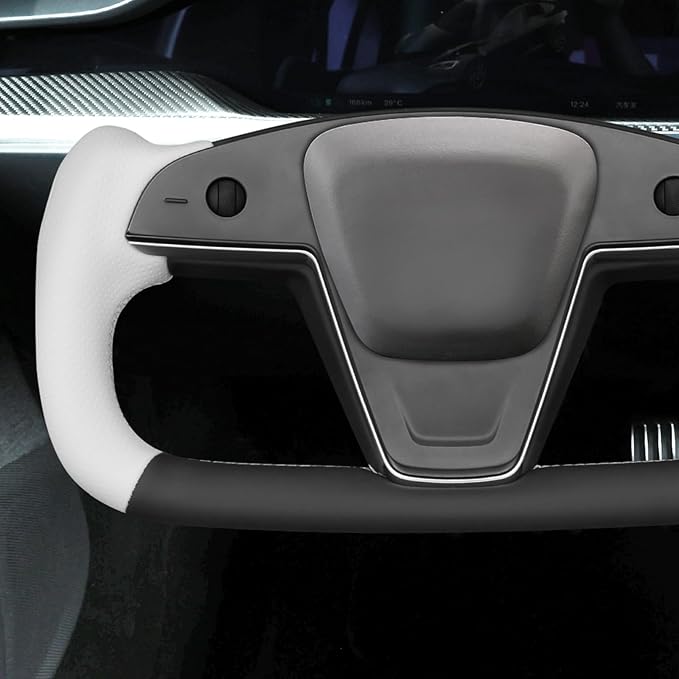 MEWANT Hand Stitched White Leather Steering Wheel Cover Wrap for Tesla Model S 2021-2023 / Model X 2021-2023 Steering Wheel Accessories