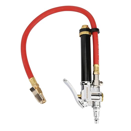 MEASUREMAN Heavy Duty Bayonet Style Tire Inflator, Aluminum Body, 20" Red Hose, Clip On Air Chuck, Aluminum Slide, Range 10-130psi/kpa