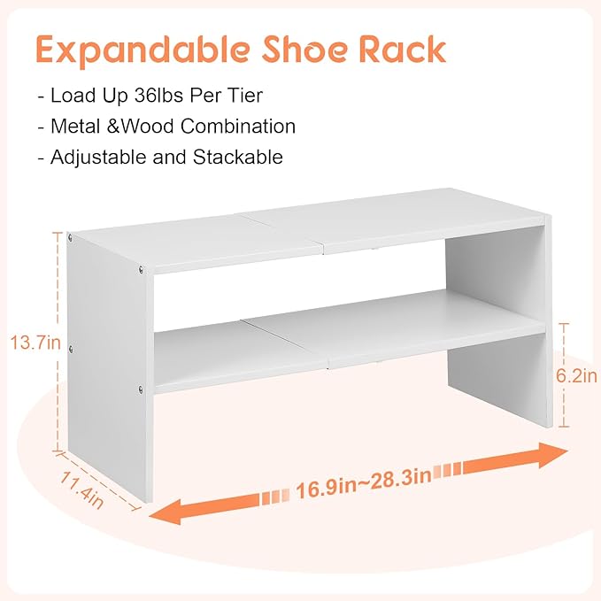 2 Pack Expandable White Shoe Rack Organizer for Closet, 2-Tier Stackable Shoe Storage Shelf, Small Iron Wood Combination Shoe