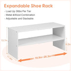 2 Pack Expandable White Shoe Rack Organizer for Closet, 2-Tier Stackable Shoe Storage Shelf, Small Iron Wood Combination Shoe