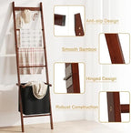 BAMBANG Bamboo Blanket Ladder with Basket, 5-Tier Quilt Rack Stand with 4 Hooks & Storage Hamper for Living Room Bathroom, Wa