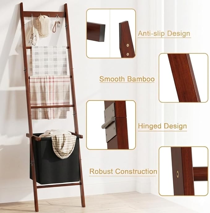 BAMBANG Bamboo Blanket Ladder with Basket, 5-Tier Quilt Rack Stand with 4 Hooks & Storage Hamper for Living Room Bathroom, Wa