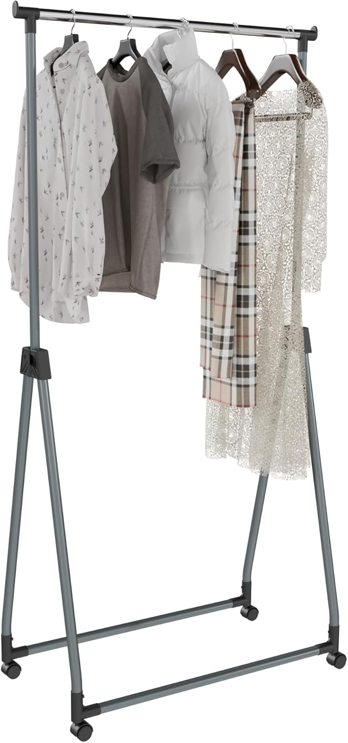Whitmor Foldable Garment Rack - Rolling Clothes Rack - Adjustable Height Garment Rack, Heavy Duty Foldable Clothes Rack with 